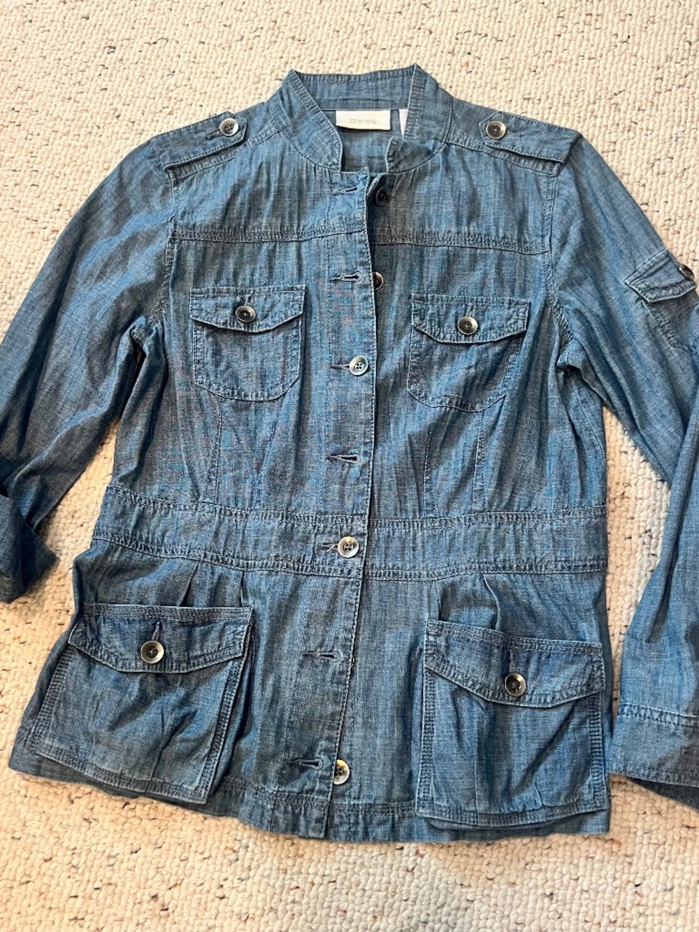 Chicos military style light denim jacket size 1